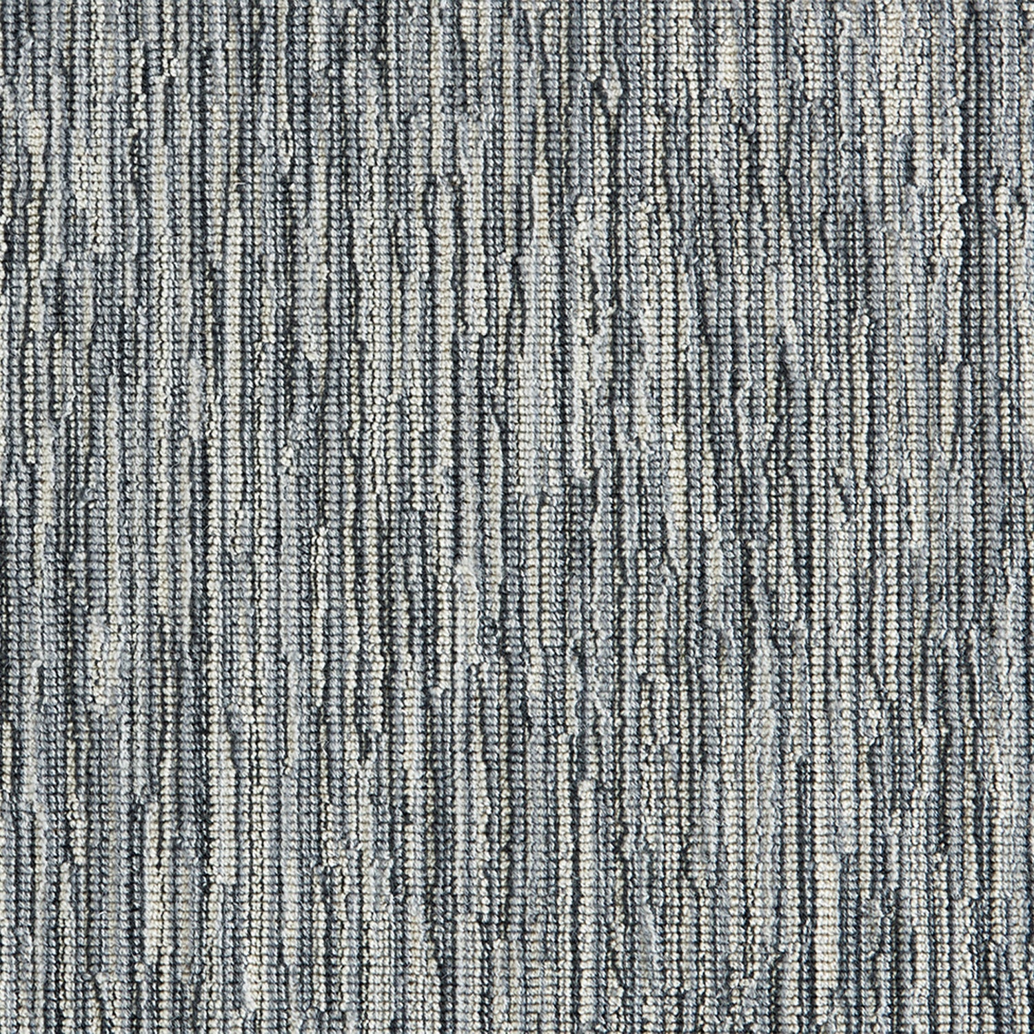 Wool-blend broadloom carpet swatch in a mottled stripe print in shades of gray, blue and black.