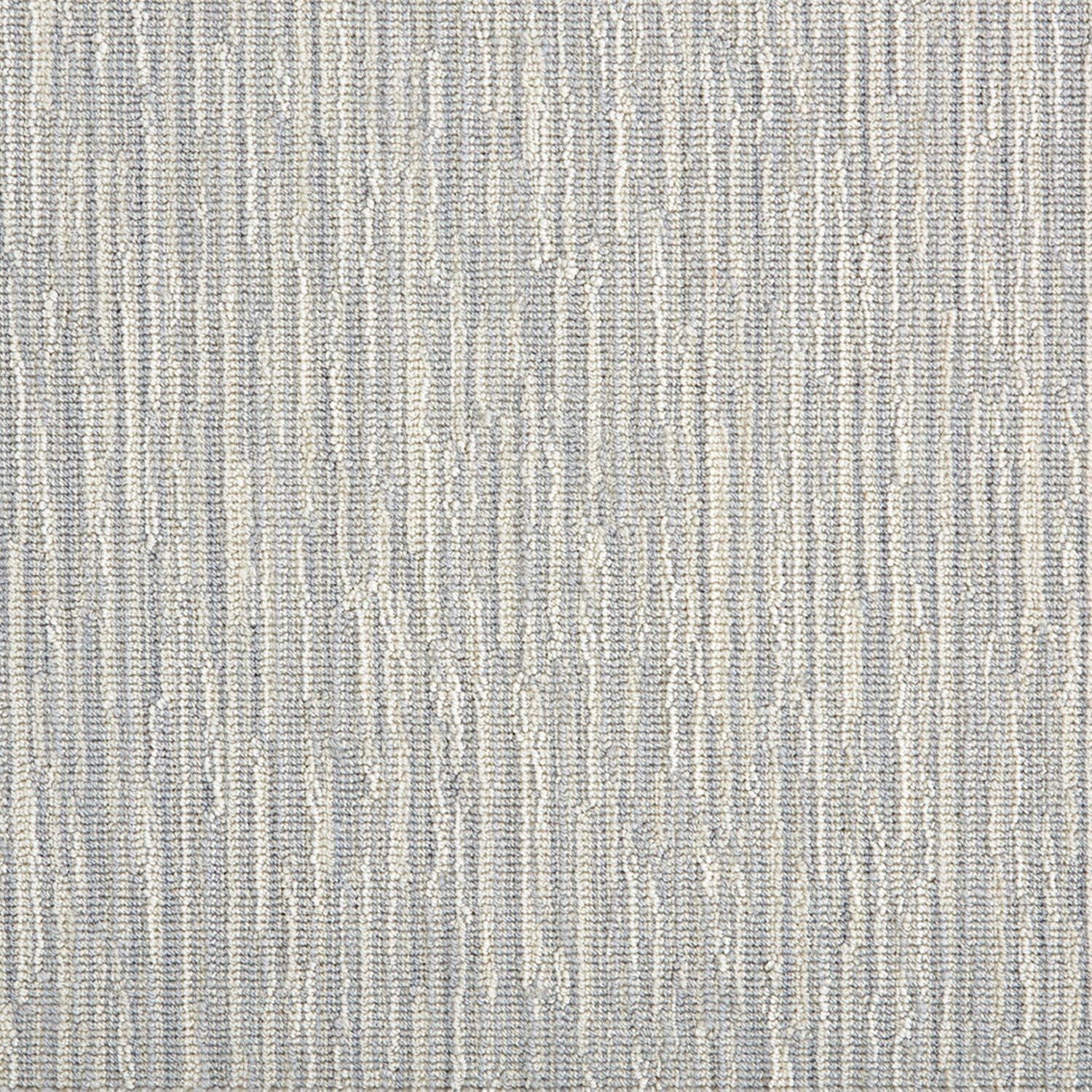 Wool-blend broadloom carpet swatch in a mottled stripe print in shades of cream, gray and gray-blue.