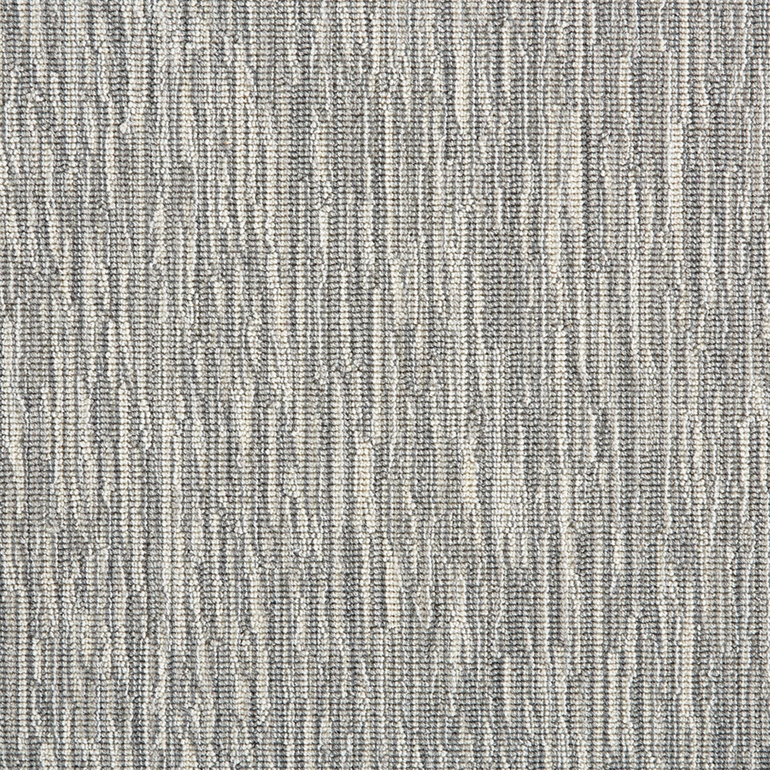Wool-blend broadloom carpet swatch in a mottled stripe print in shades of gray, cream and sable.