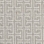 Wool-blend broadloom carpet swatch in an interlocking linear print in gray on a white field.