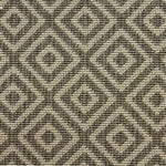 Wool-blend broadloom carpet swatch in a repeating diamond print in dark brown on a tan field.