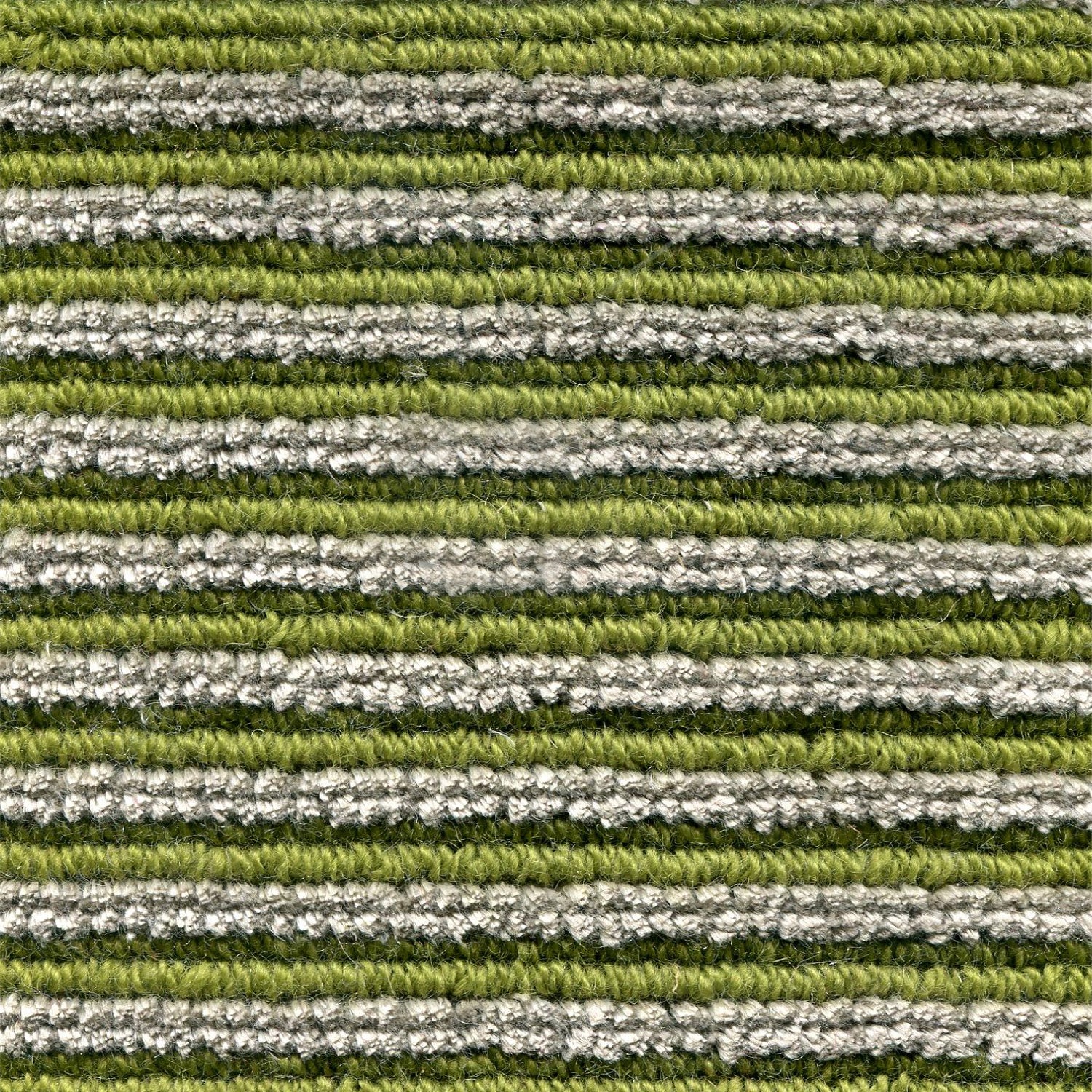 Wool-linen broadloom carpet swatch in a chunky striped weave in shades of green and gray.