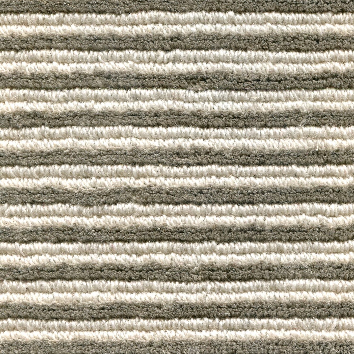 Wool-linen broadloom carpet swatch in a chunky striped weave in white and sage.