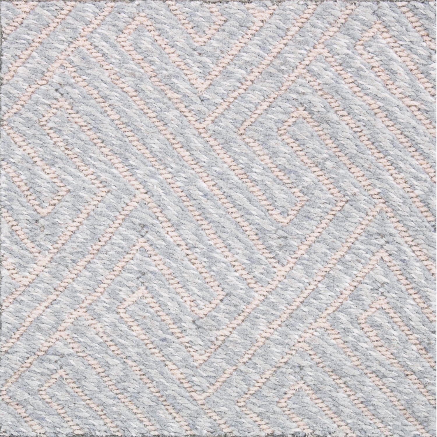 Wool broadloom carpet swatch in a repeating geometric weave pattern in light pink on gray-blue.
