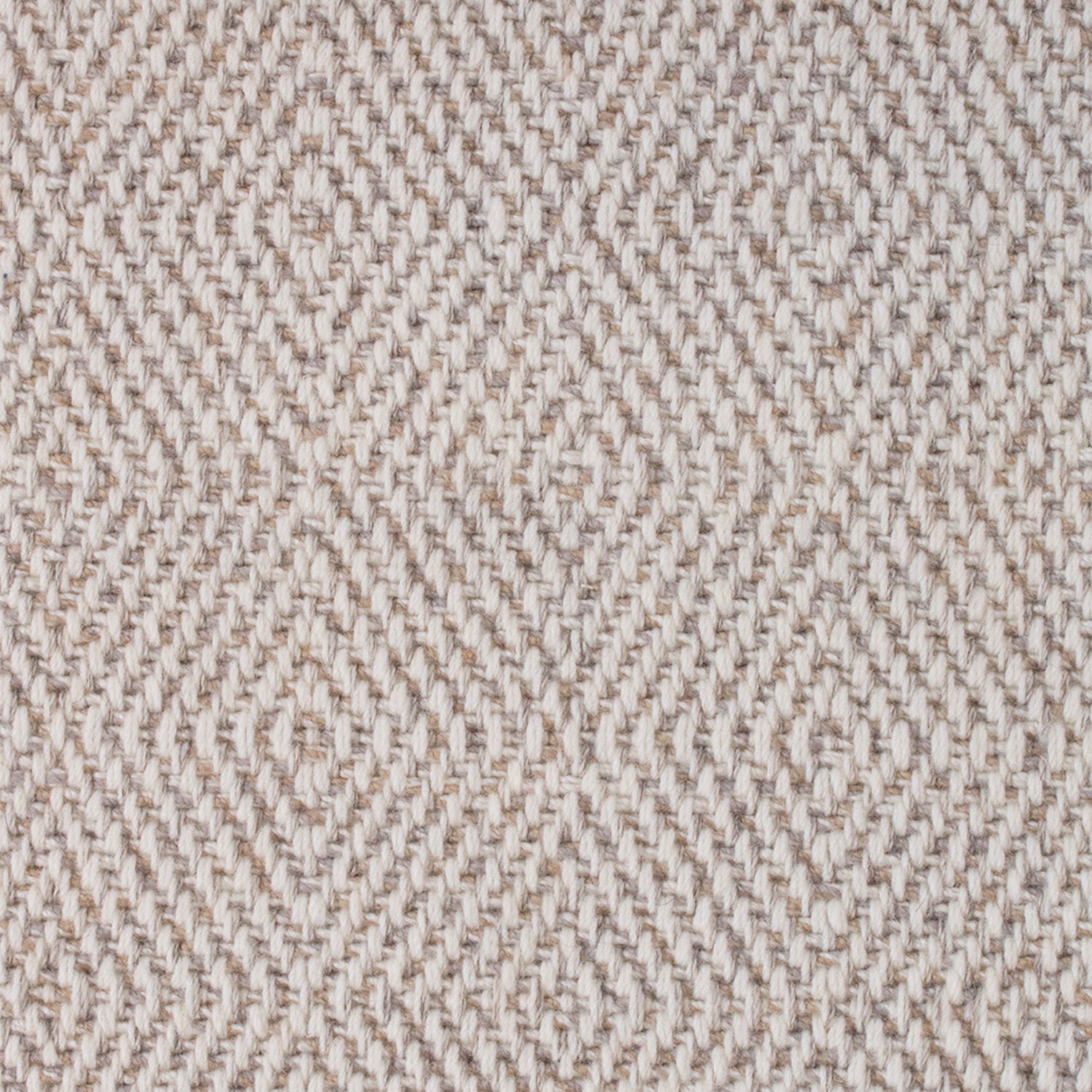Wool-blend broadloom carpet swatch in a chunky diamond weave in mottled shades of cream, brown and gray.