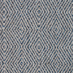 Wool-blend broadloom carpet swatch in a chunky diamond weave in mottled shades of cream, sable, blue and navy.