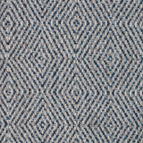 Wool-blend broadloom carpet swatch in a chunky diamond weave in mottled shades of cream, sable, blue and navy.