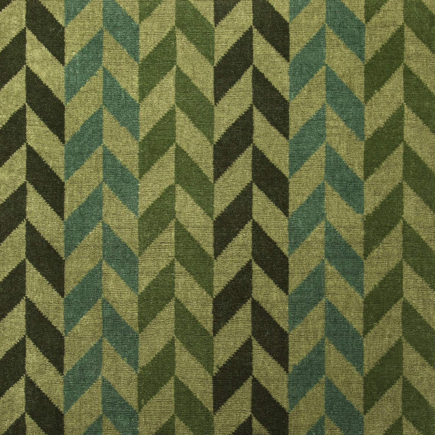 Wool-silk broadloom carpet swatch in a chevron stripe pattern in shades of green on an olive field.