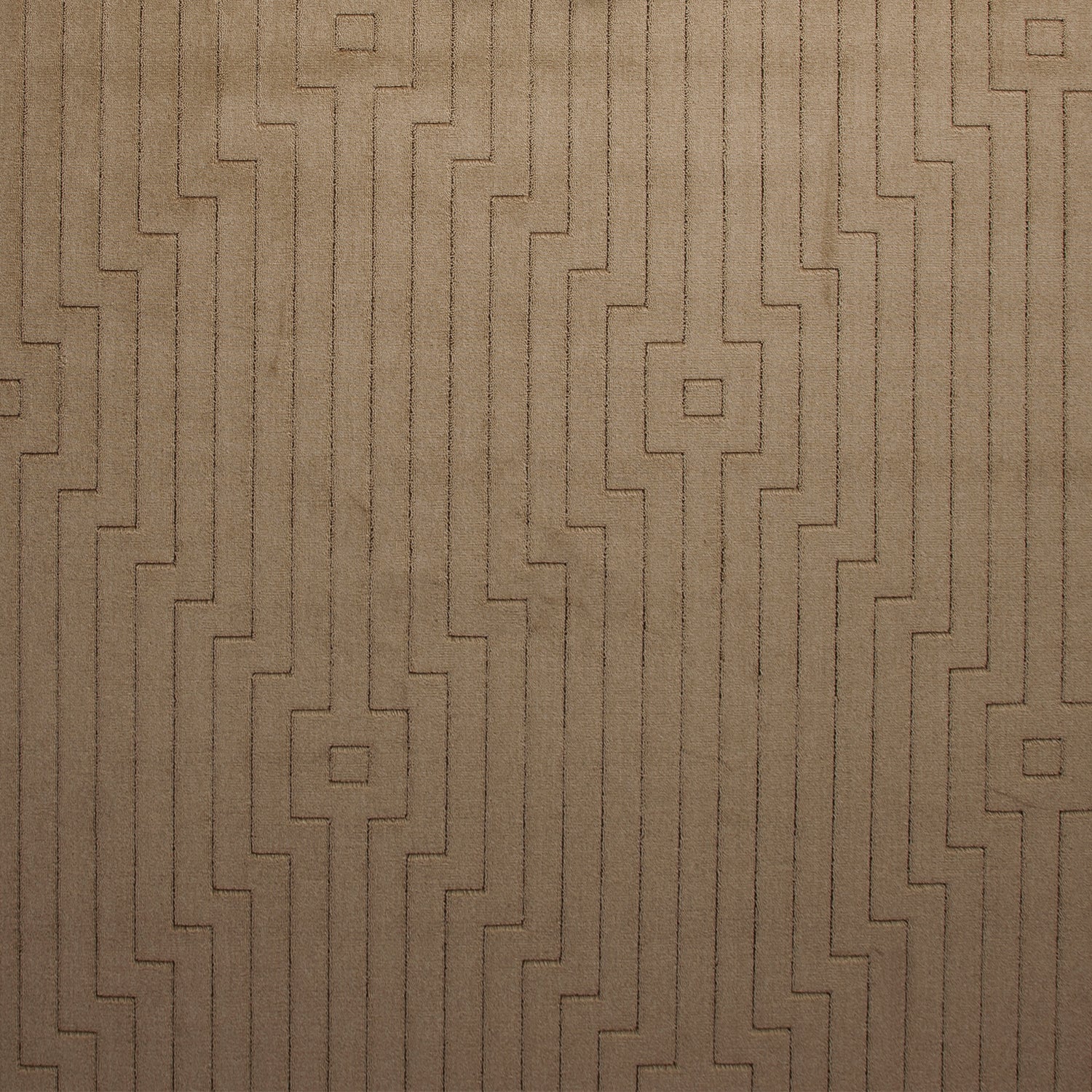 Wool-silk broadloom carpet swatch in a dimensional geometric weave in gold.