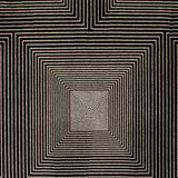 Detail of a wool-silk broadloom carpet swatch in a dense linear square print in white on a black field.
