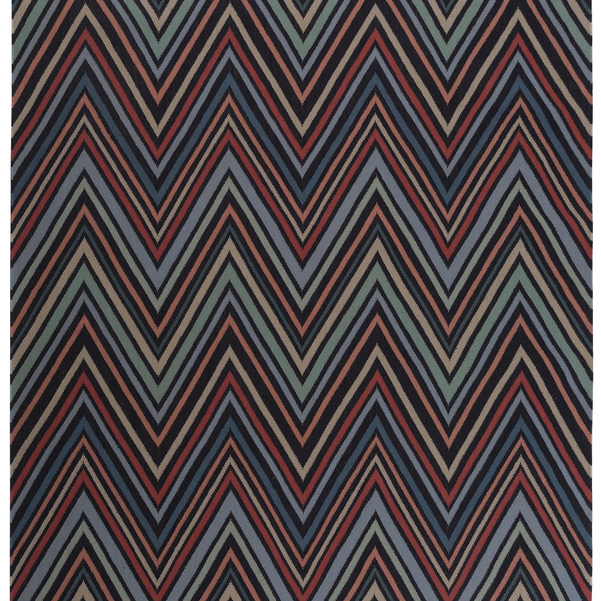 Full size To The Point Rug in Hessonite-Garnet-Slate, a zig zag pattern in red, blue coral with black, with a black fringed edge. 