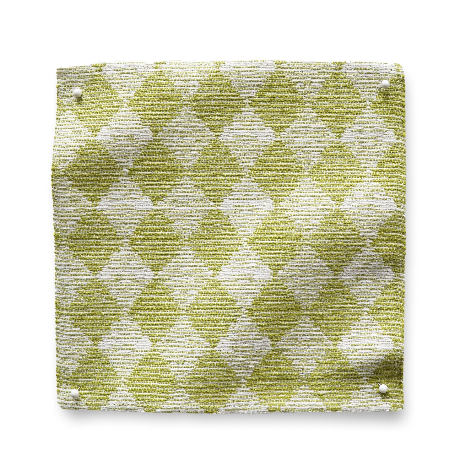 Square fabric swatch in a textural diamond print in lime green and cream.