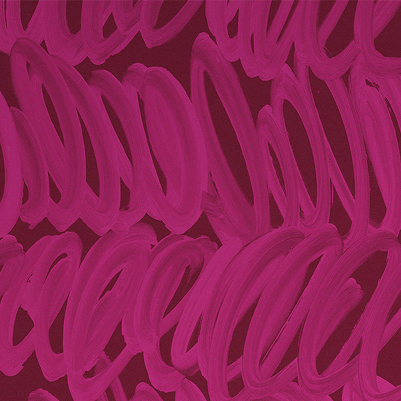 Detail of wallpaper in a playful paint print in pink on a maroon field.