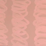 Detail of wallpaper in an abstract scribble print in light pink on a tan field.