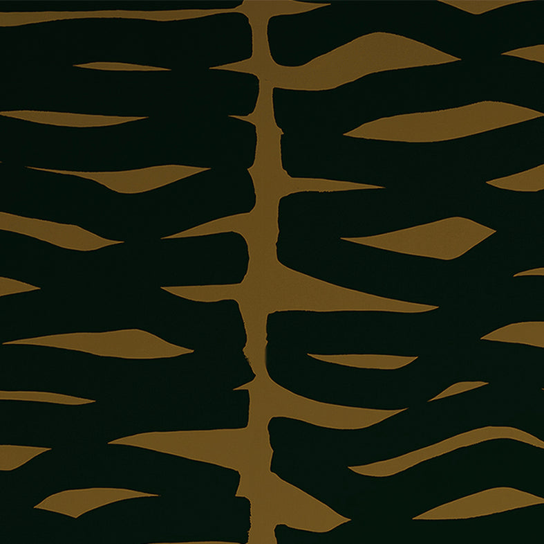 Detail of wallpaper in an abstract zigzag pattern in black on a brown field.