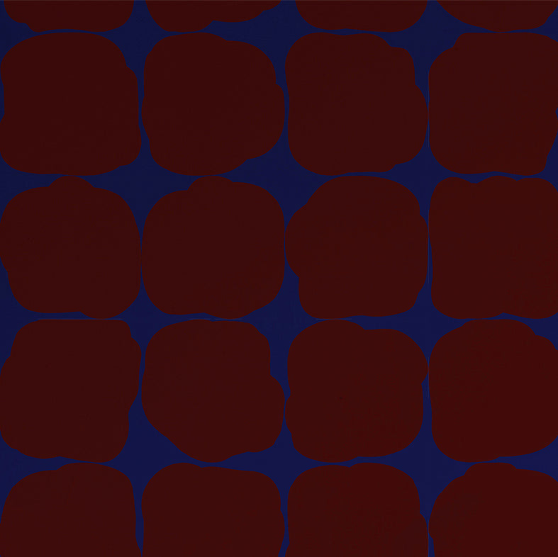 Detail of wallpaper in a repeating blot print in maroon on a blue field.