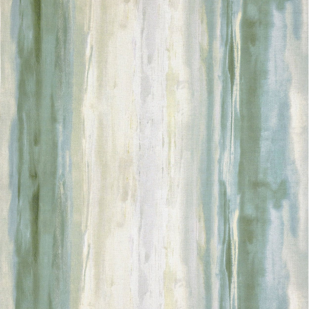 Detail of fabric in an abstract painterly print in shades of gray, green and cream.