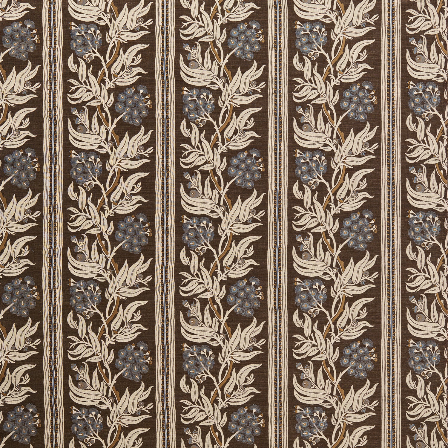 Woven performance fabric in a botanical branch and stripe design in chocolate brown, tan beige and accents of blue. 