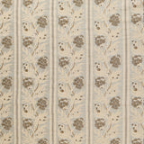 Woven performance fabric in a botanical branch and stripe design in ecru with accents of grey, and tan. 