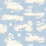 Detail of wallpaper in a playful illustrated car crash print in cream and white on a light blue field.