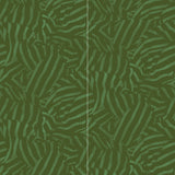 Wallpaper panels in a playful broken stripe print in dark green on a green field.