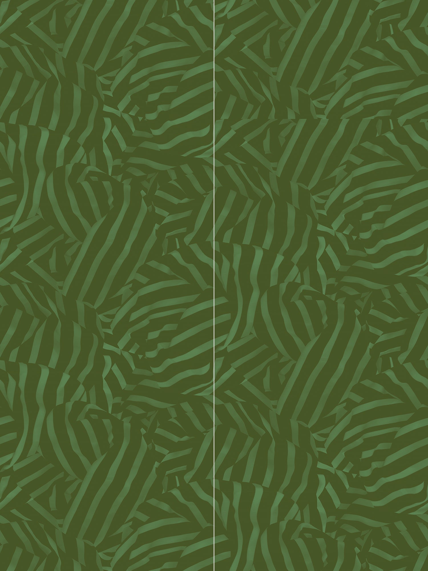 Wallpaper panels in a playful broken stripe print in dark green on a green field.