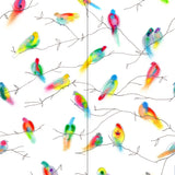 Wallpaper panels in a painterly bird and branch print in green, yellow, pink and black on a white field.