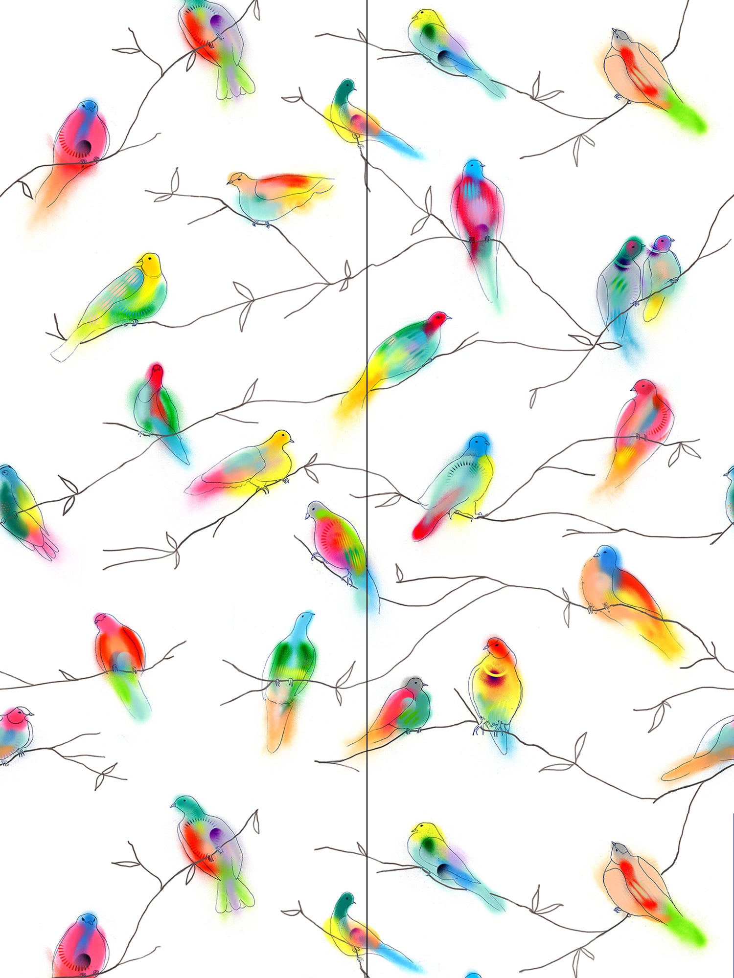 Wallpaper panels in a painterly bird and branch print in green, yellow, pink and black on a white field.