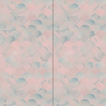 Wallpaper panels in a repeating scalloped print in shades of blue and pink.