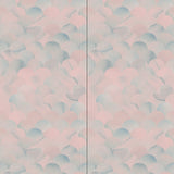 Wallpaper panels in a repeating scalloped print in shades of blue and pink.