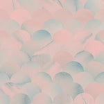 Detail of wallpaper in a repeating scalloped print in shades of blue and pink.