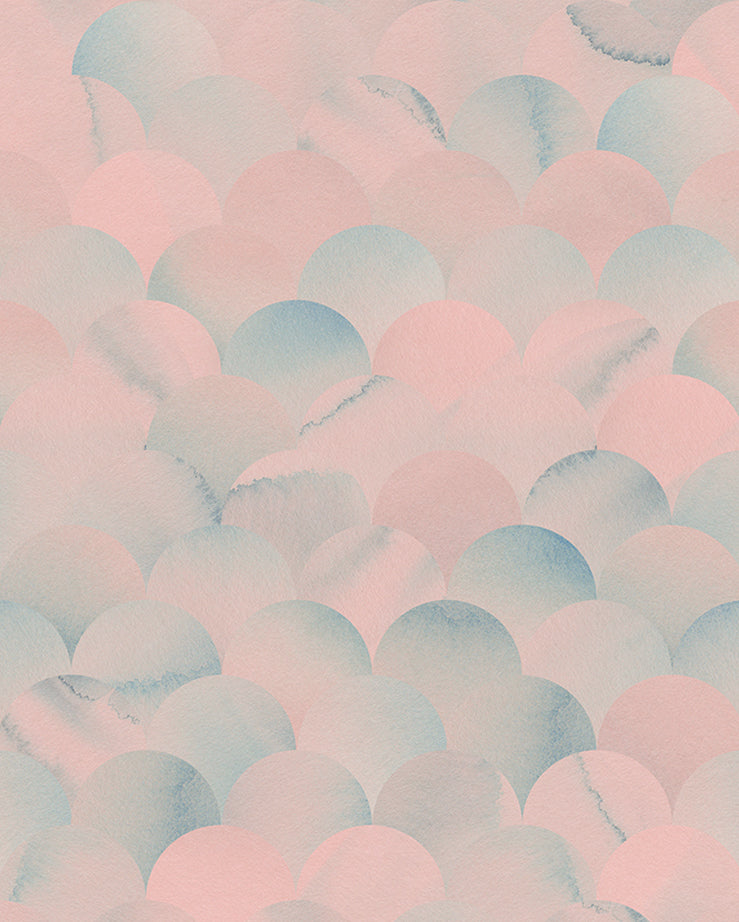 Detail of wallpaper in a repeating scalloped print in shades of blue and pink.