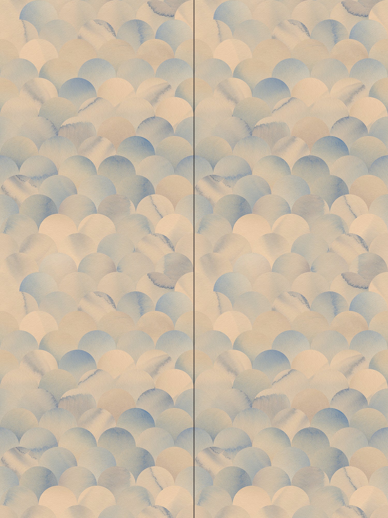 Wallpaper panels in a repeating scalloped print in shades of blue and tan.