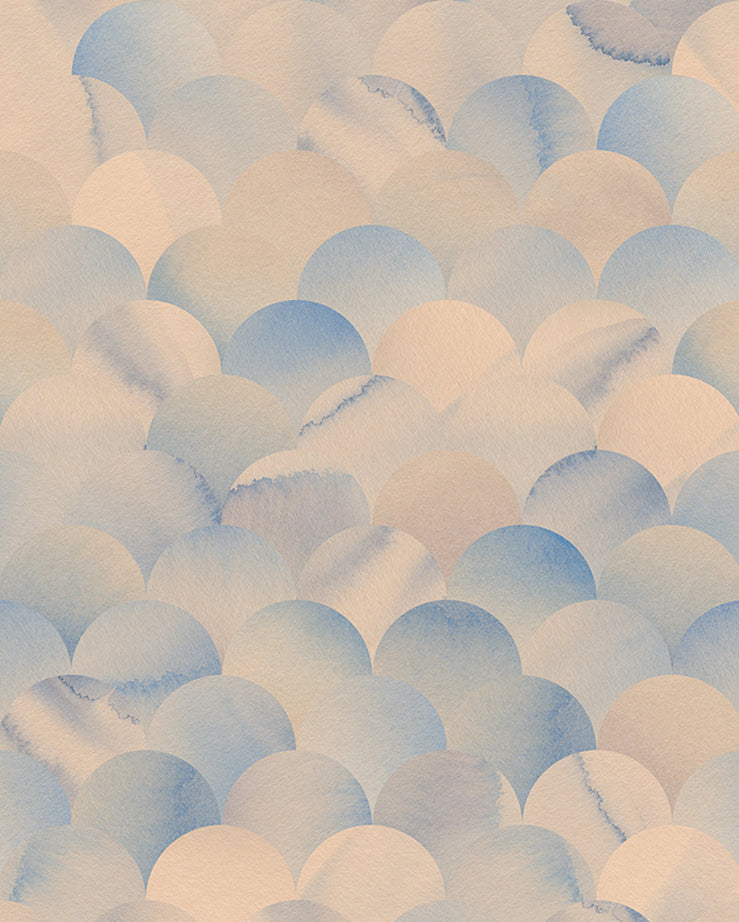 Detail of wallpaper in a repeating scalloped print in shades of blue and tan.