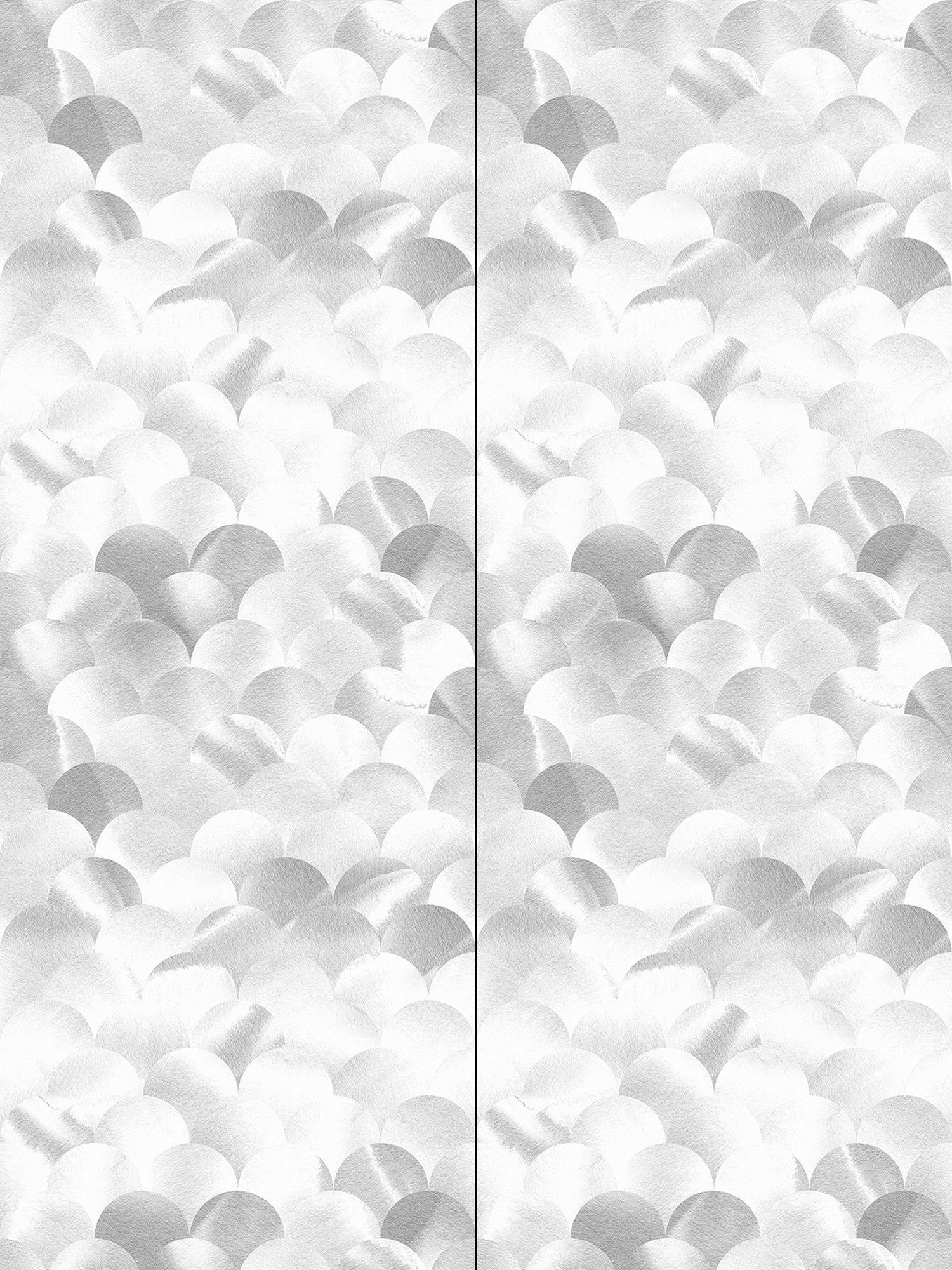 Wallpaper panels in a repeating scalloped print in shades of gray and white.