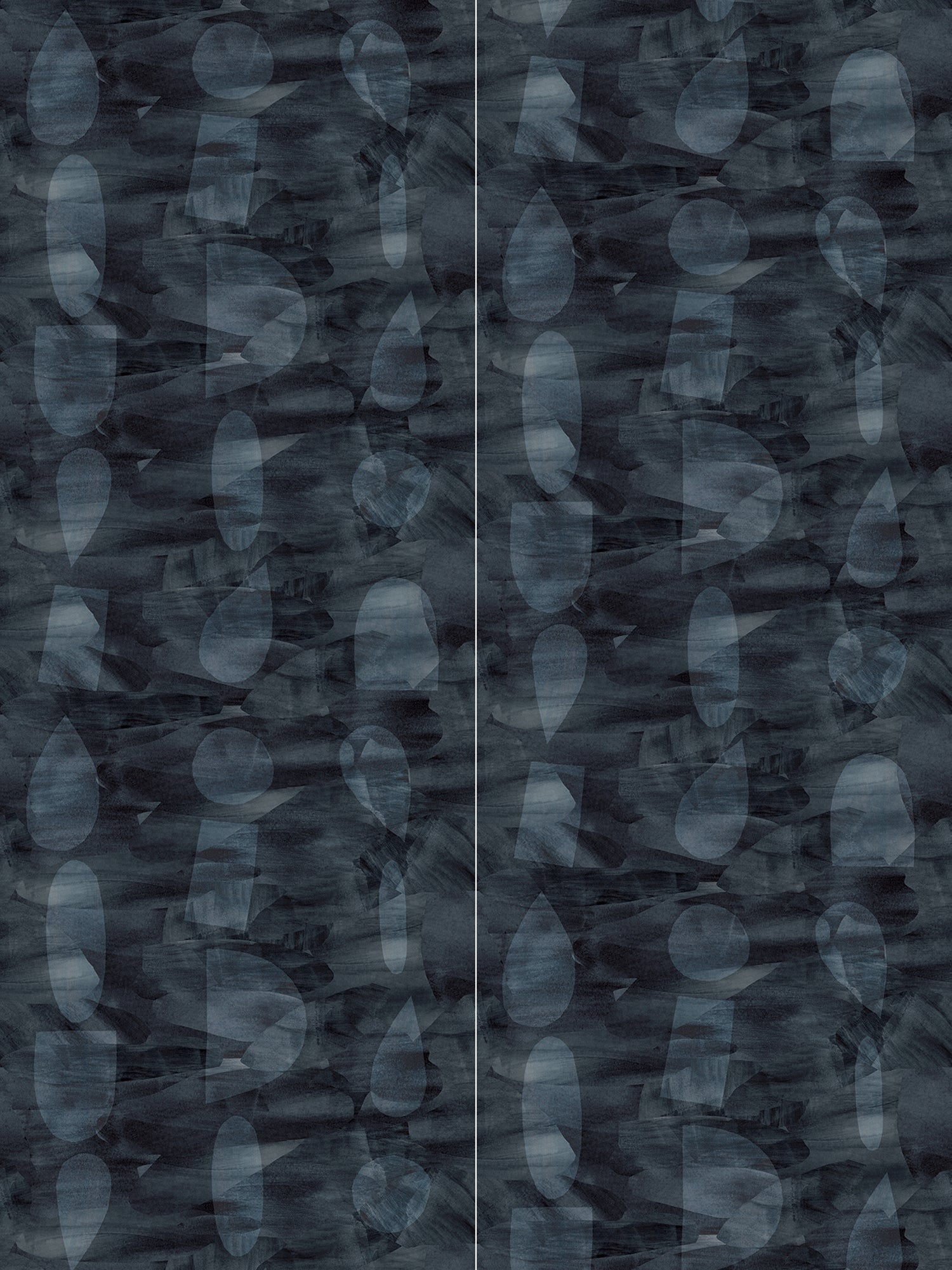 Panels of wallpaper in an abstract curvilinear pattern in shades of blues, navy and black.