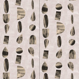 Wallpaper panels in an abstract curvilinear pattern in shades of black, white and gray.