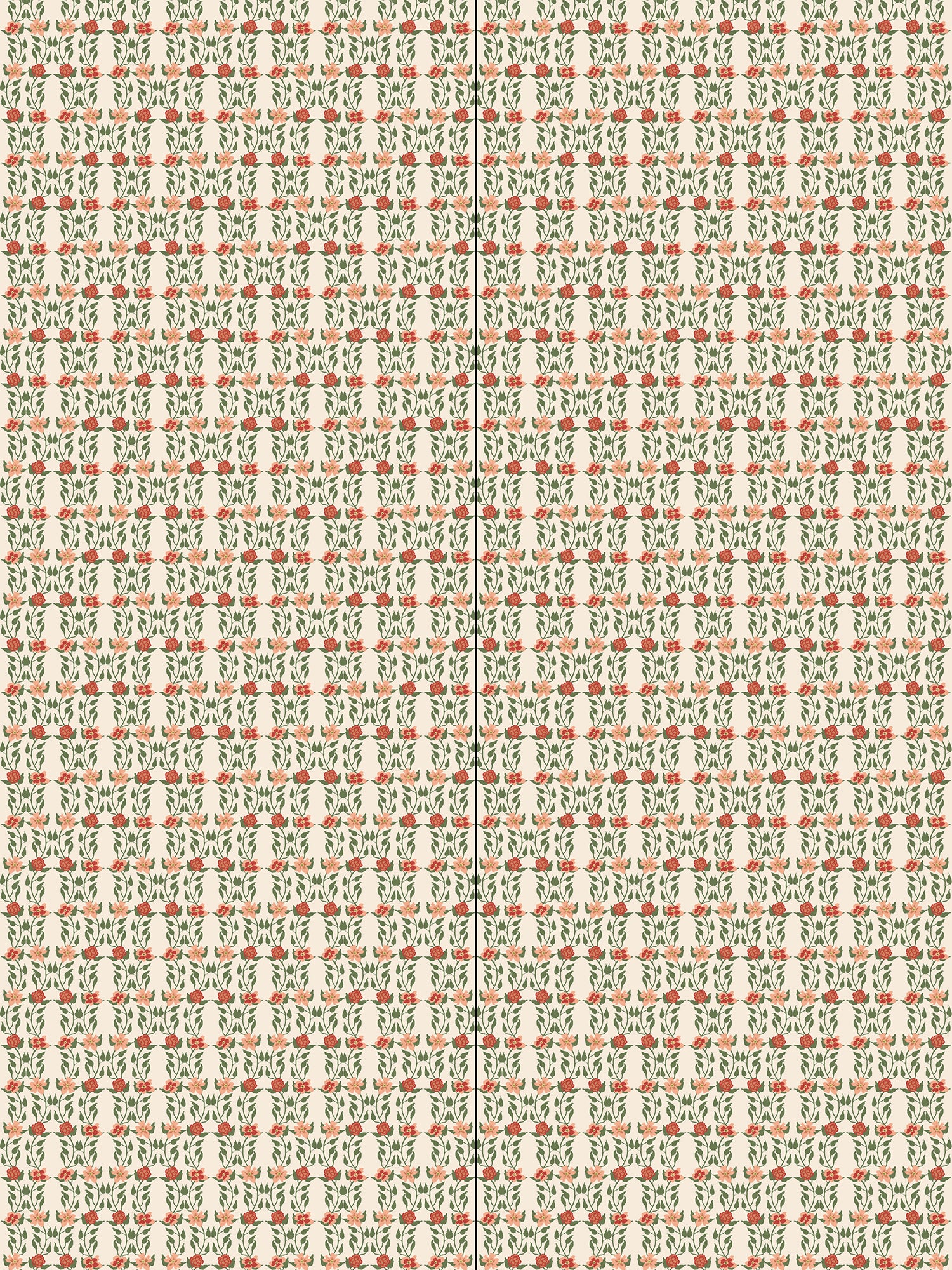 Panels of wallpaper in a linear floral print in red, orange and green on a cream field.