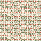 Wallpaper in a linear floral print in red, orange and green on a cream field.