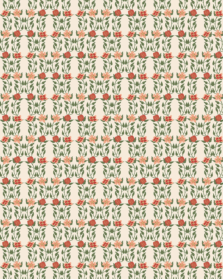 Wallpaper in a linear floral print in red, orange and green on a cream field.