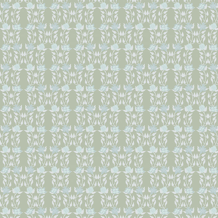 Detail of wallpaper in a linear floral print in blue and white on a green field.