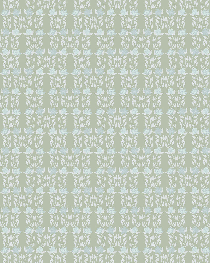 Detail of wallpaper in a linear floral print in blue and white on a green field.