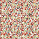 Detail of fabric in a dense small-scale floral print in shades of coral, red, green and blue on a white field.