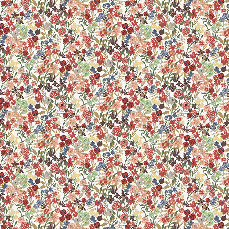 Detail of wallpaper in a dense small-scale floral print in shades of coral, red, green and blue on a white field.