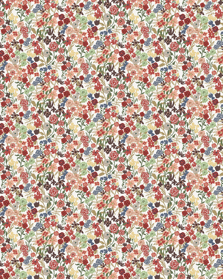 Detail of wallpaper in a dense small-scale floral print in shades of coral, red, green and blue on a white field.