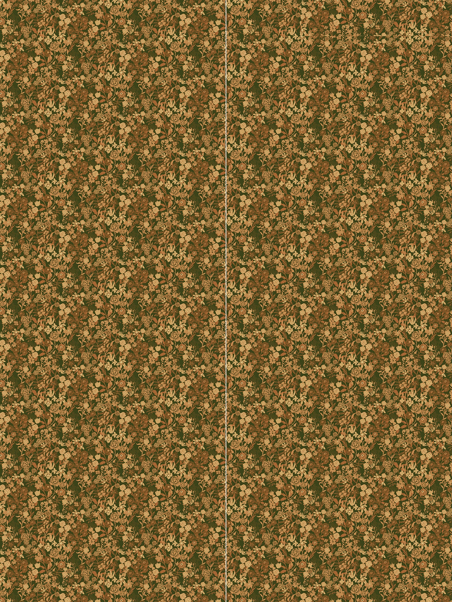 Wallpaper panels in a dense small-scale floral print in shades of brown and tan on a green field.