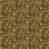 Wallpaper in a dense small-scale floral print in shades of brown and tan on a green field.