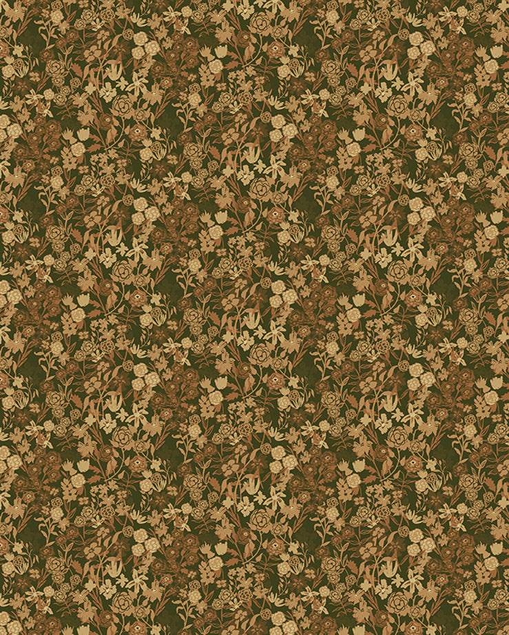 Wallpaper in a dense small-scale floral print in shades of brown and tan on a green field.