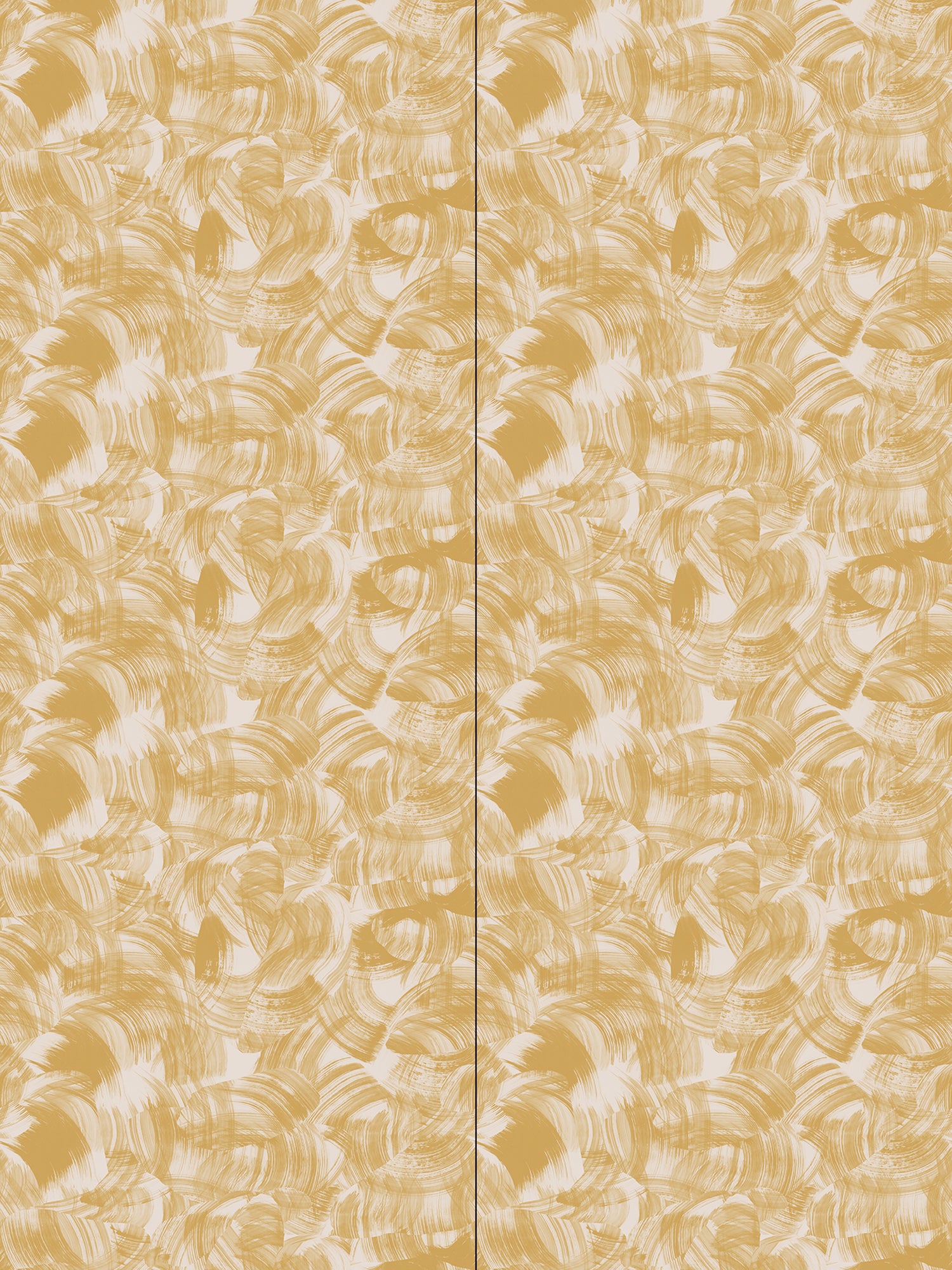 Wallpaper in an abstract paint swatch print in mustard on a cream field.