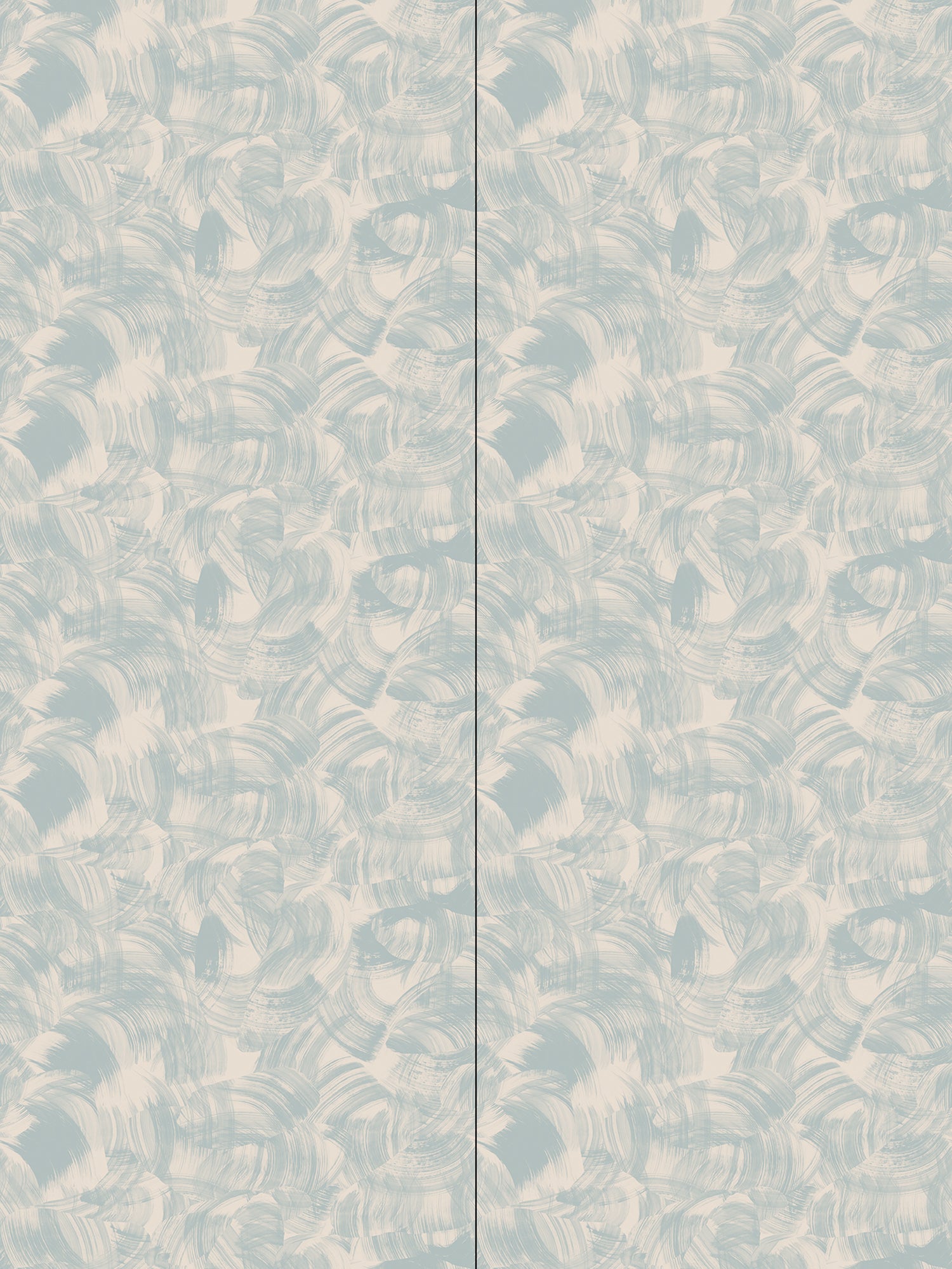 Wallpaper in an abstract paint swatch print in light blue on a tan field.